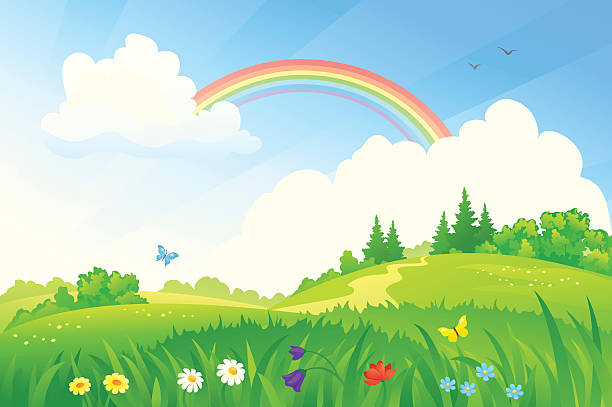 ilustraciones, imágenes clip art, dibujos animados e iconos de stock de de verano rainbow - landscape sky field meadow