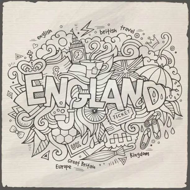 Vector illustration of England hand lettering and doodles elements background