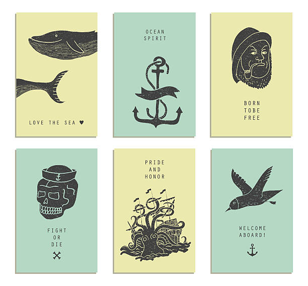 Set of six creative cards. Marine themes & tattoo. Set of six creative cards. Marine themes & tattoo. Sailor. Ocean. Octopus. Whale. Skull. Anchor. Vector illustration in doodle style. boat captain illustrations stock illustrations