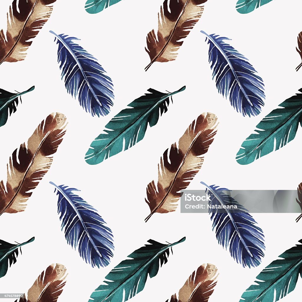Watercolor seamless pattern with feathers Hand painted watercolor seamless pattern with colorful bird feathers on white background. Tribal art ethnic texture. Cloth design, wallpaper - vector artwork Feather stock vector