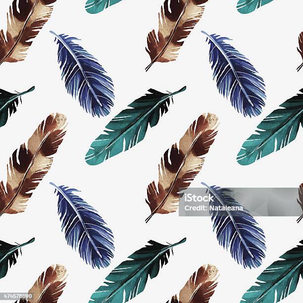 Watercolor Seamless Pattern With Feathers Stock Illustration - Download Image Now - Feather, Painting - Art Product, Quail - Bird