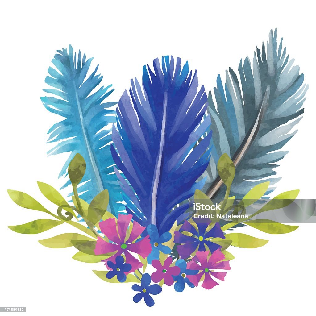 Watercolor feathers, flowers, leafs Hand painted watercolor boho bouquet, feathers, flowers, leafs closeup isolated on white background set. Art rustic design element, hand drawn - vector artwork 2015 stock vector