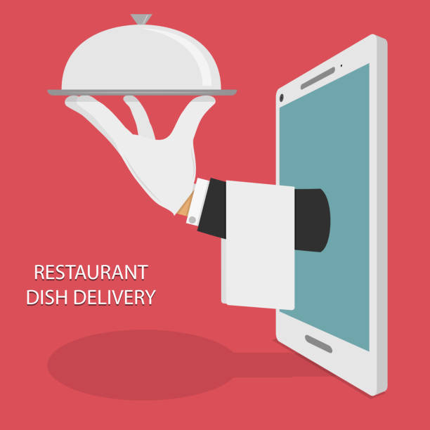 ilustraciones, imágenes clip art, dibujos animados e iconos de stock de restaurante de comida entrega concepto ilustración. - waiter food restaurant delivering