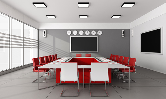 Contemporary  board room with large meeting table and red chairs - 3D Rendering