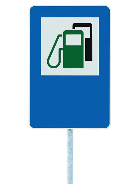Gas Station Road Sign, Green Energy Concept Gasoline Fuel Filling Traffic Service Roadside Signage, Isolated Blue Petrol Fuel Tank Oil Pump Roadsign On Pole Plus Blank Empty Copy Space