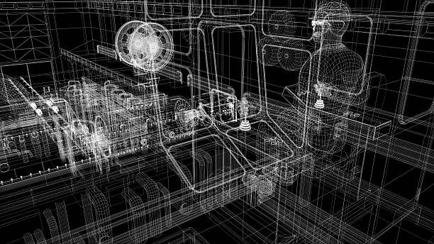 Gantry crane in a factory environment. Wire-frame. Render on a black background