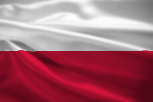 Poland flag blowing in the wind. Background texture.