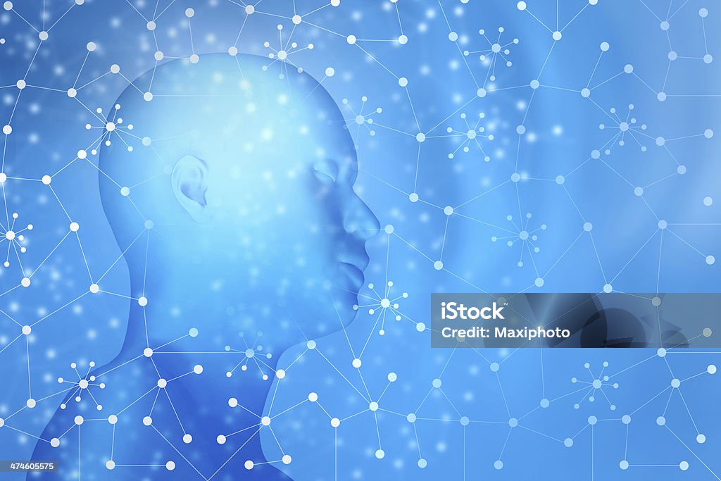 Profil głowy osoba myśli, Medytować, rozważał zdanie, niebieskie tło abstrakcyjne - Zbiór zdjęć royalty-free (Astrologia)