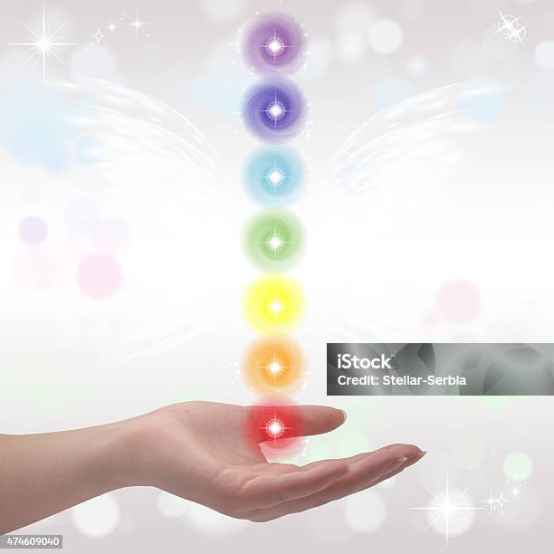 Healing Hand And Seven Chakras Stock Photo - Download Image Now - 2015, Alternative Medicine, Alternative Therapy