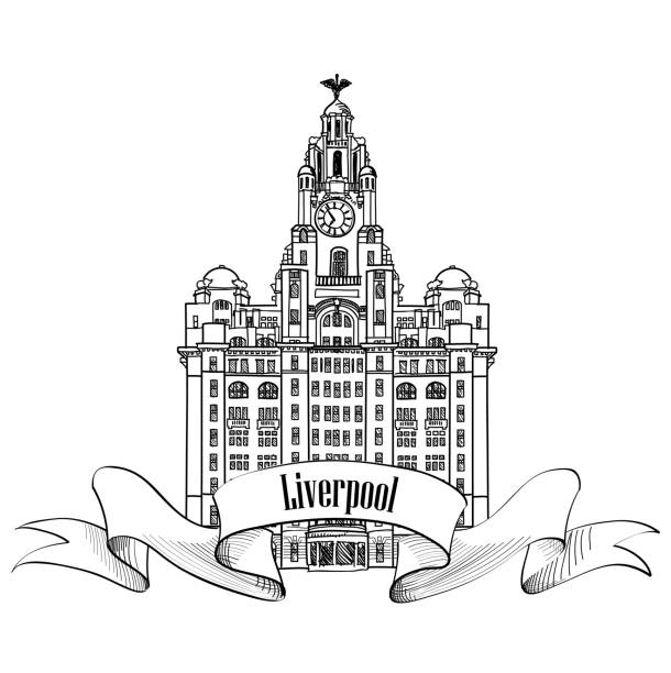 Liverpool Liver Building, England, UK. City label. Travel England sign. Liverpool Liver Building, UK, Great Britain. English city famous building. Vector label isolated. river mersey northwest england stock illustrations