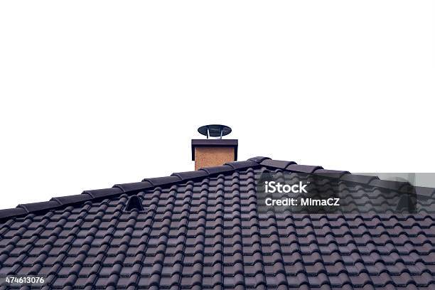 Orange Chimney On Tiled Roof With Isolated Sky Stock Photo - Download Image Now - 2015, Air Pollution, Block Shape