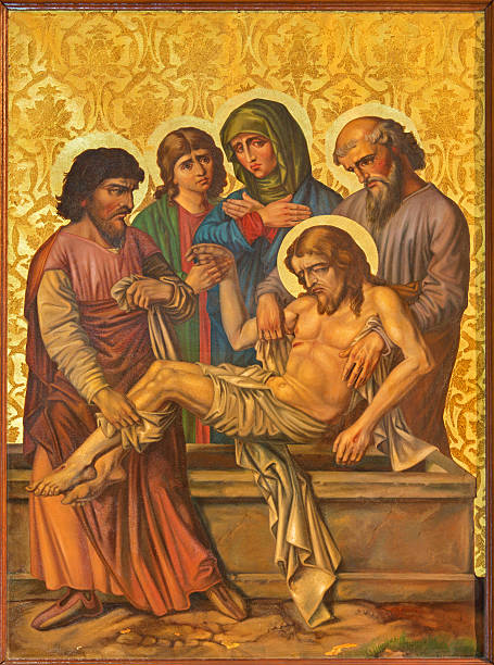 Jerusalem - The Burial of Jesus paint Jerusalem - The Burial of Jesus paint from end of 19. cent. by unknown artist as part of cross way cycle in Armenian Church Of Our Lady Of The Spasm. tomb of the virgin mary in jerusalem stock illustrations