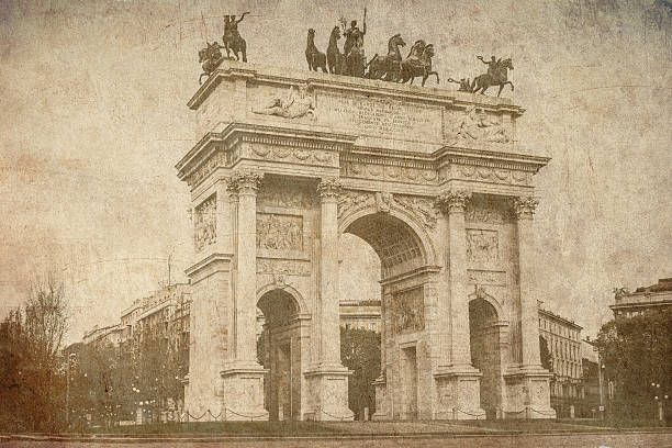 istock Arch of peace Milan Italy old postcard style 474620024