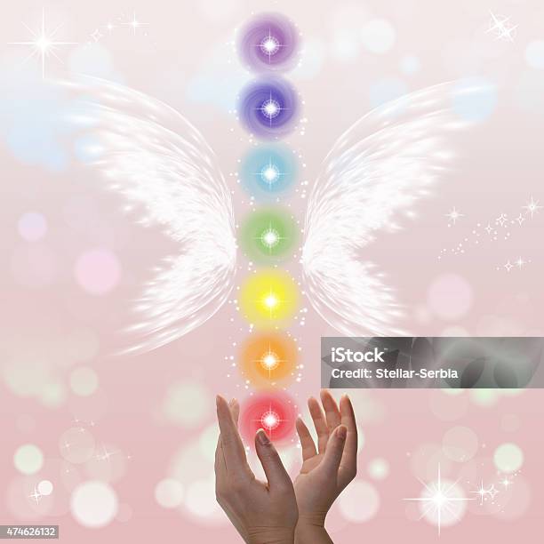 Healing Hands And Seven Chakras Stock Photo - Download Image Now - 2015, Blue, Body Conscious