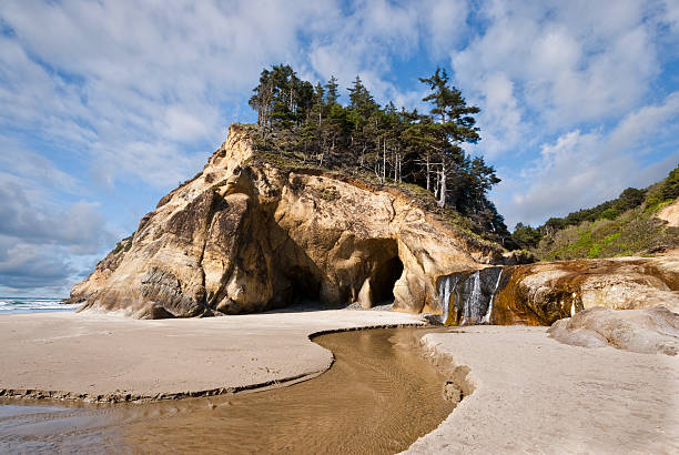 Waterfall Flowing into the Pacific Ocean There are only a few waterfalls on the Pacific coast that flow directly into the ocean. This pretty waterfall is at Hug Point State Park near Arch Cape, yyy, USA. jeff goulden oregon coast stock pictures, royalty-free photos & images