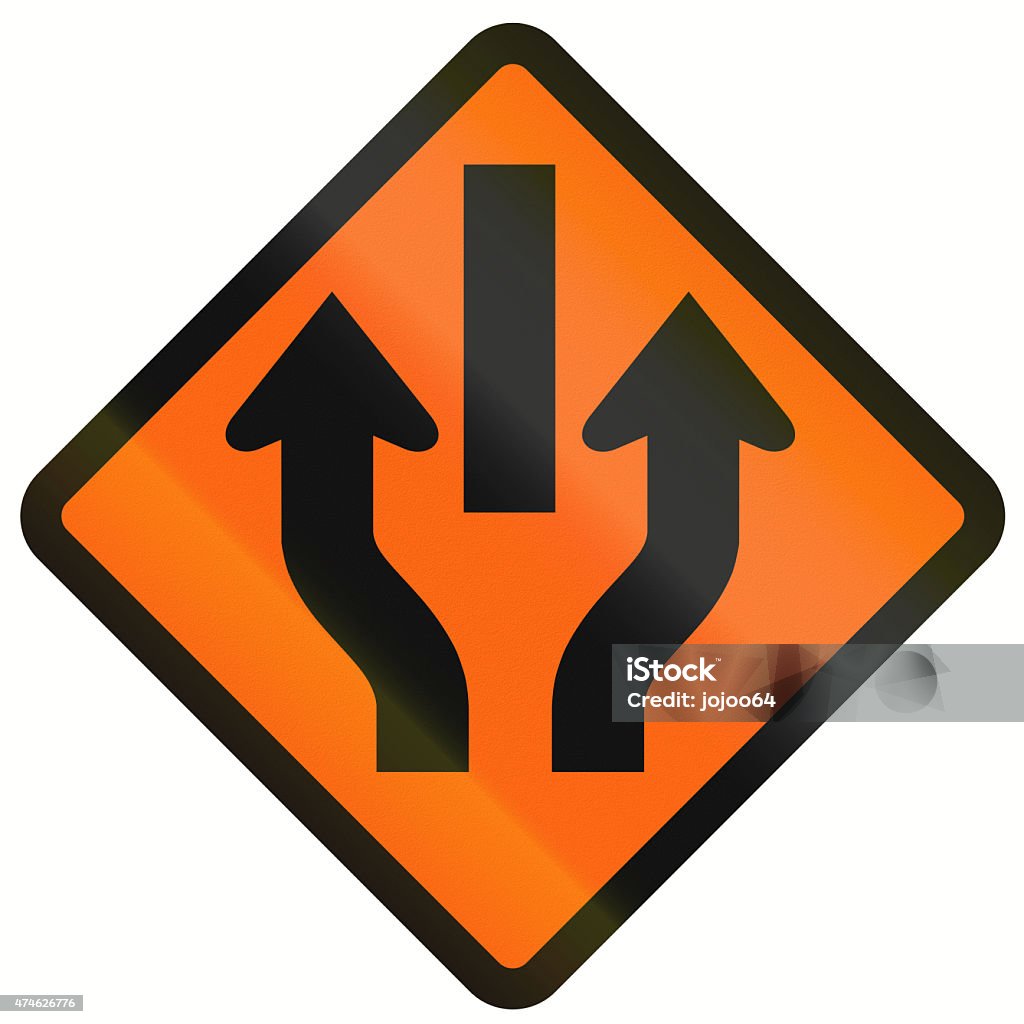 Central Reserve With One Way Traffic In Indonesia Indonesian temporary road warning sign: Central Reserve With One Way Traffic 2015 Stock Photo