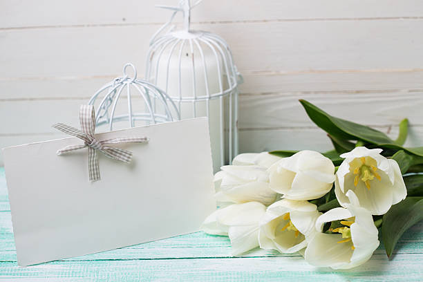 istock Postcard with elegant white  flowers and empty tag 474630768
