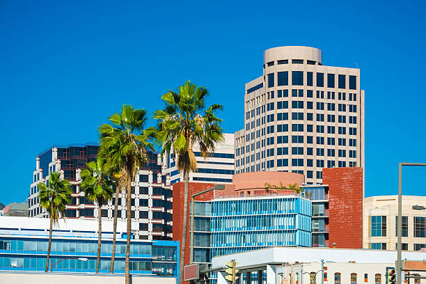Several of Downtown Glendale's highrise buildings, with palm trees in the foreground.  Glendale, CA is located in the Los Angeles area just north of Los Angeles city.