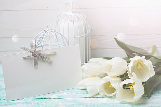 istock Postcard with elegant white  flowers and empty tag 474632730