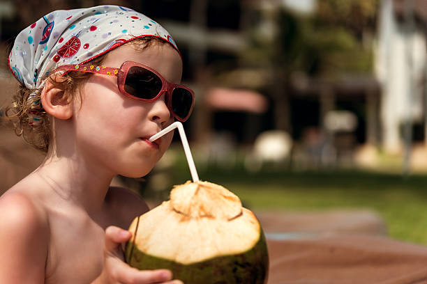istock Girl with coconut on beach 474639964