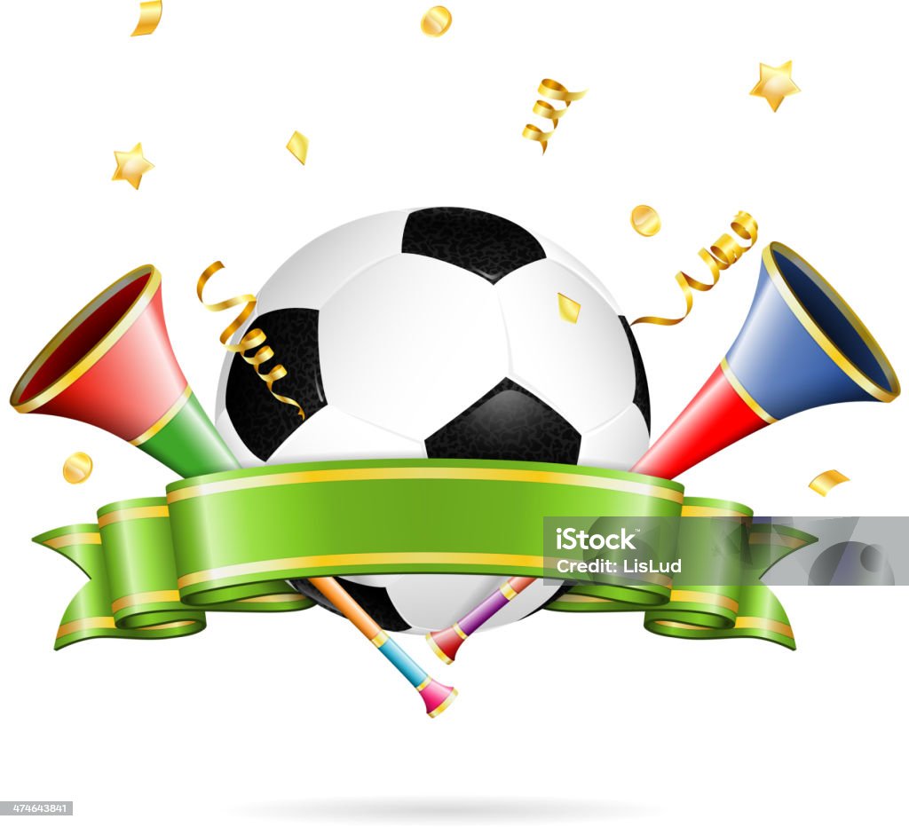 Soccer Poster Soccer Poster with Soccer Ball, vuvuzela, ribbon and golden streamer, vector isolated on white background. Vuvuzela stock vector