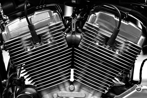 Big bike engine black and white.
