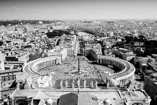 Rome, Italy - March 19, 2015: Saint Peter (Vatican) landscape from Castel Sant'Angelo - Rome, Italy, black and white