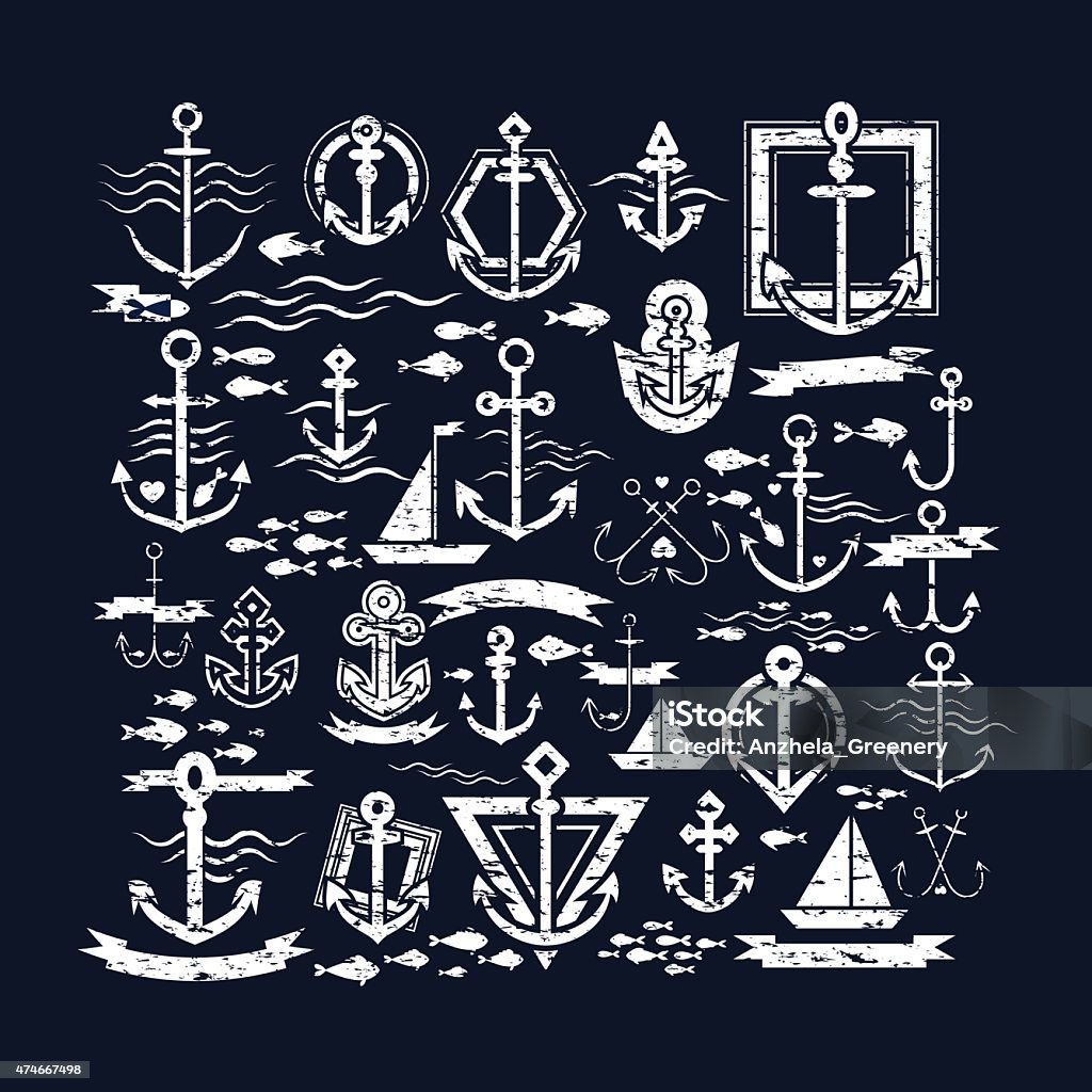 Vector illustration, vintage nautical label icons - Illustration Set of 25 nautical-themed vector illustrations. These retro-inspired nautical illustrations feature various designs that are related to ships, sailing and the sea.  Anchor - Vessel Part stock vector