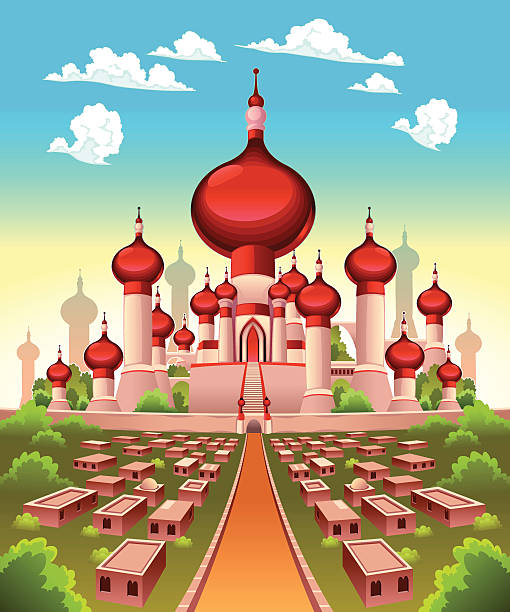 пейзаж с арабским замок - aladdin stock illustrations