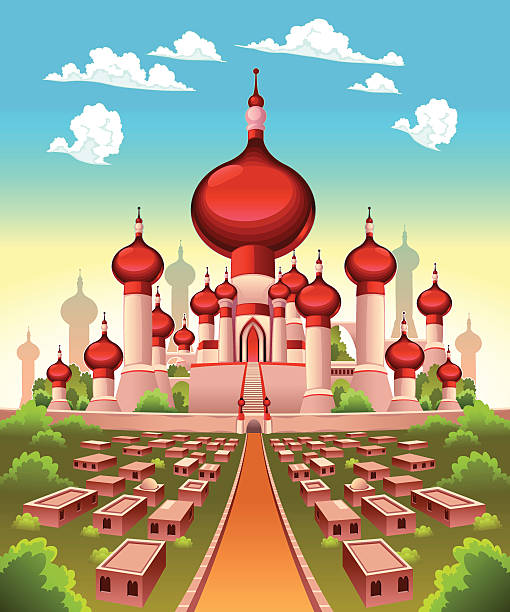 Landscape with Arabian castle vector art illustration