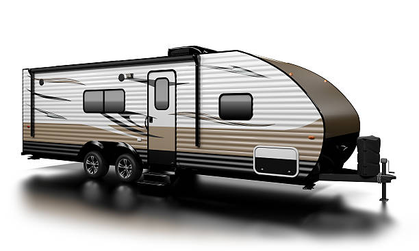 Travel Trailer Travel Trailer RV on white, extremely high resolution and detailed, with custom graphics. trailer stock pictures, royalty-free photos & images