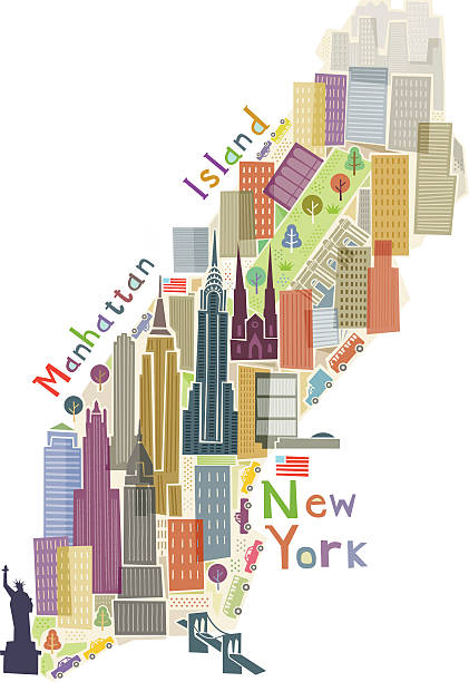 Manhattan Island illustration A simple graphic map of Manhattan Island showing some of the main buildings and features. There are 7 named layers to help editing. empire state building stock illustrations