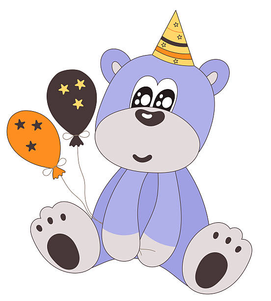 ilustrações, clipart, desenhos animados e ícones de feliz aniversário urso de pelúcia com chapéu de festa e balões - party hat hat white background blue