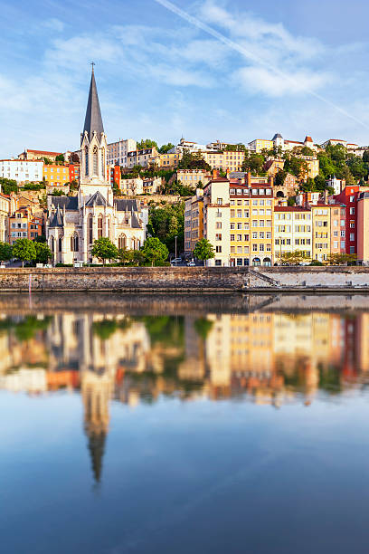 Lyon cathedral with relflection in Soane stock photo