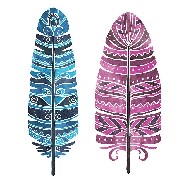 Vector illustration of Hand painted watercolor feathers set