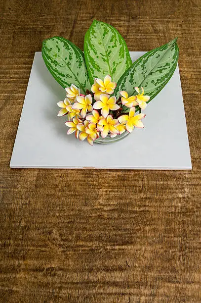 A bouquet of may flowers with green leaves in a crystal plant pot over a dark wooden table.