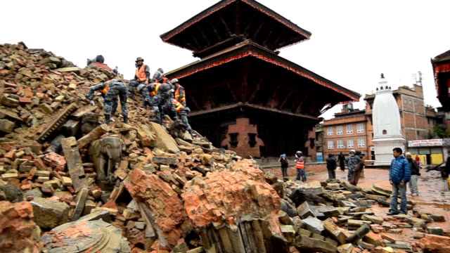 KATHMANDU, NEPAL - APRIL 30, 2015: Rescue team at Phaktapur which was severly damaged after the major earthquake