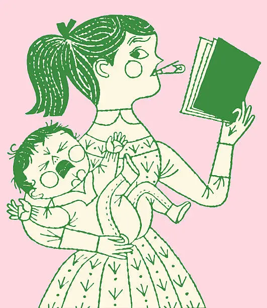 Vector illustration of Girl Reading Book While Holding Baby