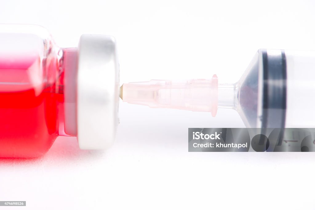 Injection syringe put in medicine vial Injection syringe put in medicine vial show medicine and laboratory concept 2015 Stock Photo