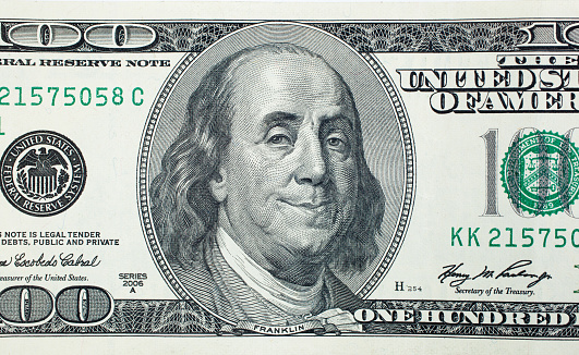 Pleased President Benjamin Franklin on 100 US dollar bill