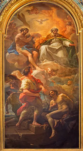 Rome - The Paint Holy Trinity and the liberation of the one slave by Corrado Giaquinto (1703 - 1776) of church Chiesa della Santissima Trinita degli Spanoli - Trinitarian order.