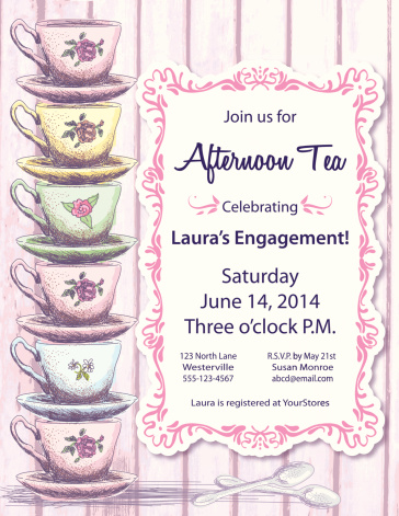 Tea Party Invitation Template on pink woodgrain plank background.  On the left side is a a stack of six pink,yellow,green and blue fancy teacups on saucers.  On the right is a pink swirly line art frame on white with invitational text.