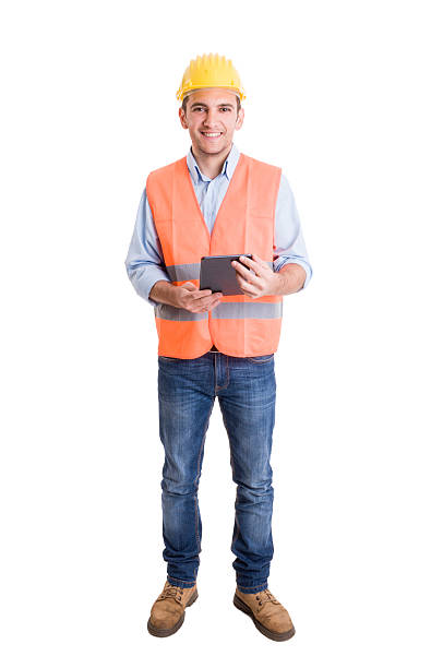 istock Full body of a modern engineer on white background 474707108