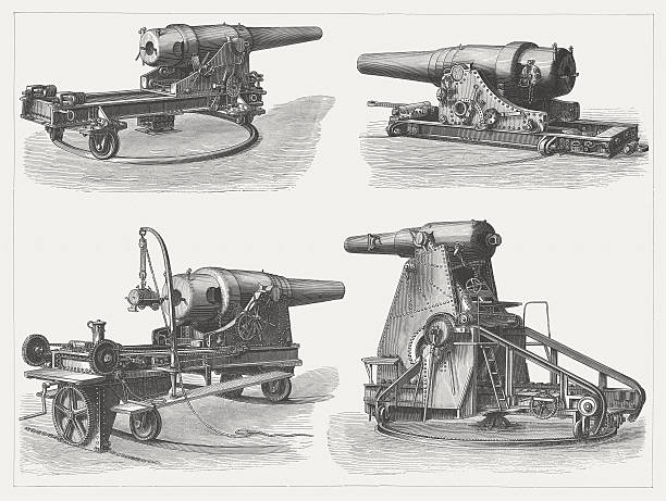 illustrazioni stock, clip art, cartoni animati e icone di tendenza di naval e costiero artillery armi del xix secolo, pubblicato nel 1876 - fregatte