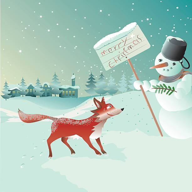 bildbanksillustrationer, clip art samt tecknat material och ikoner med fox and snowman in the winter night - red fox snow