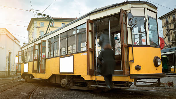 milan orange kabel - milan italy cable car old italy stock-fotos und bilder