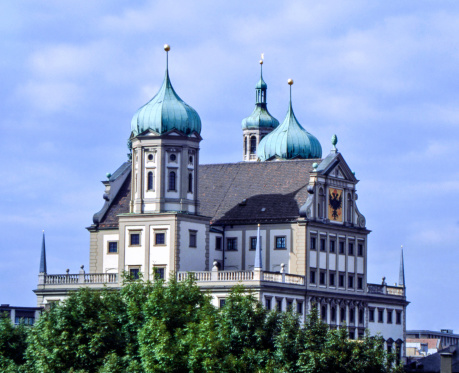 Aerial view of the Cathedral of Our Lady of La Almudena and Plaza de la Armeria in Madrid, Spain, consecrated by Pope John Paul II in 1993