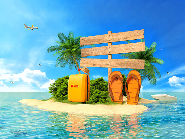 istock Vacation background. Beach with palm tree, suitcase and flip flo 474712156