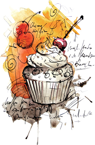 Image shows a muffin in watercolor-style; vectorimage; only one layer including, wihout opening shapes; big jpeg (350DPI); better for white backgrounds!