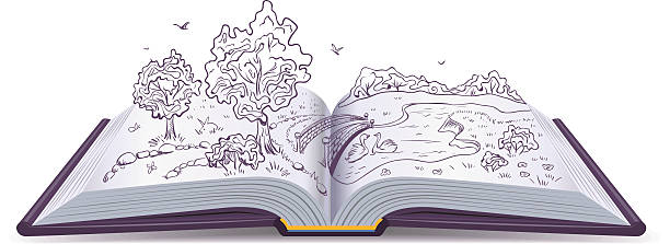 meadow, river, bridge, trees in pages open book. conceptual illustration - hikaye anlatmak illüstrasyonlar stock illustrations